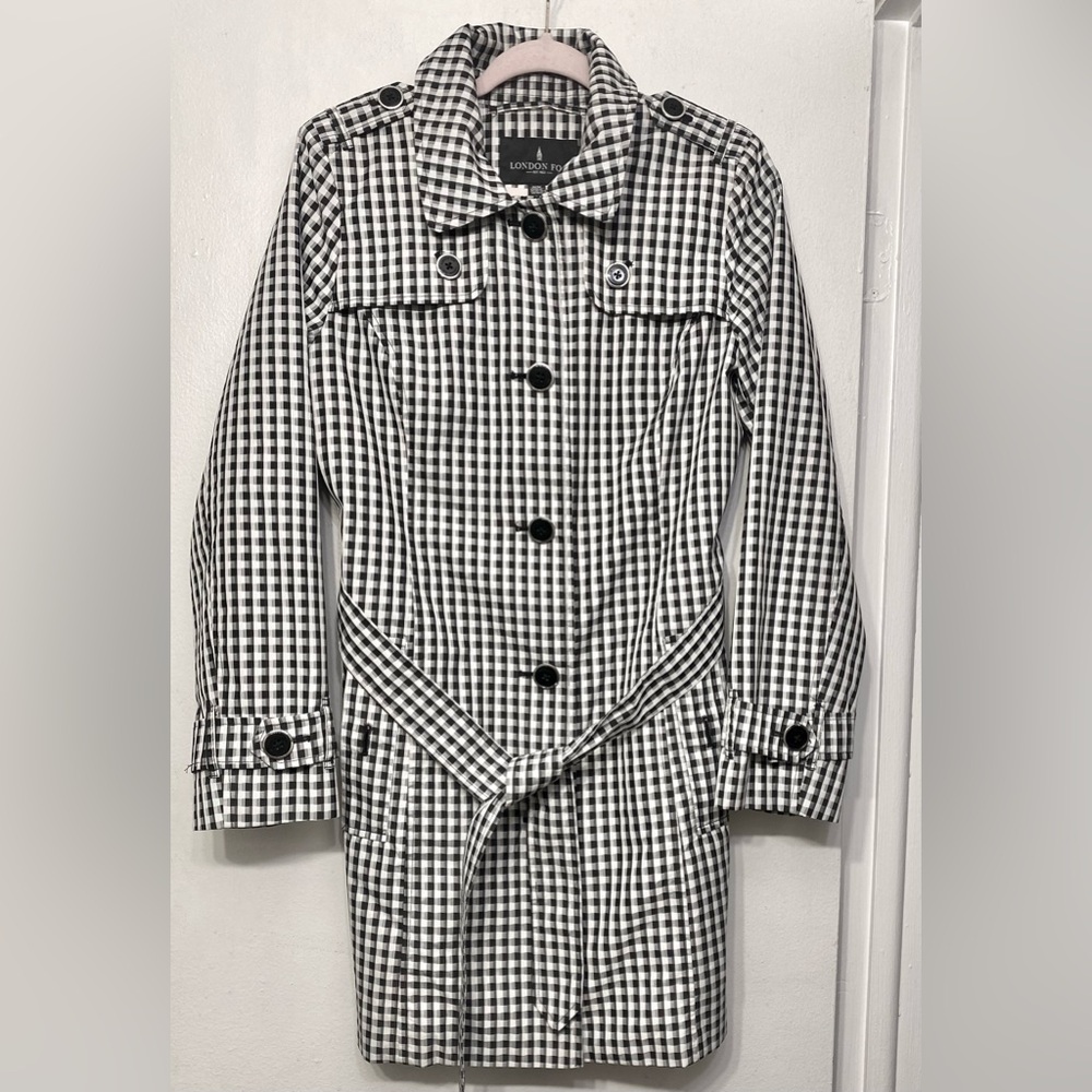 London‎ Fog Black and White Gingham Long Plaid Trench Coat Women’s Medium